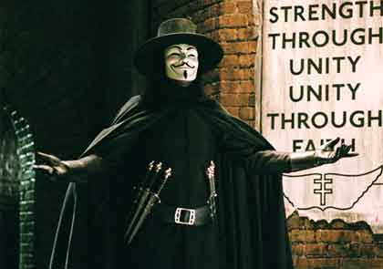 Hugo Weaving is Snidely Whiplash on a mission in "'V' for Vendetta"
